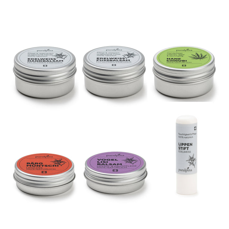Alpines Naturkosmetikset, zusammengestellt aus je 1  Edelweiss Handbalsam, Edelweiss Fussbalsam, Hanf Chnübi, Bärgmüntschi, Vogellisi Balsam und Lippenstift