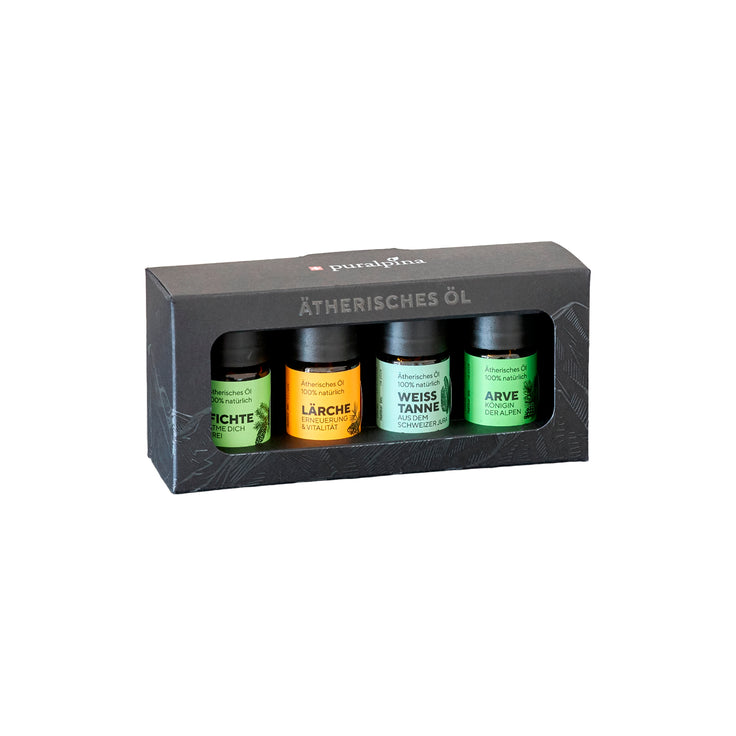 Geschenkset Waldduft, 4 x 5ml ätherische Öle Arve, Fichte, Weisstanne und Lärche, verpackt in einer schwarzen Geschenkbox