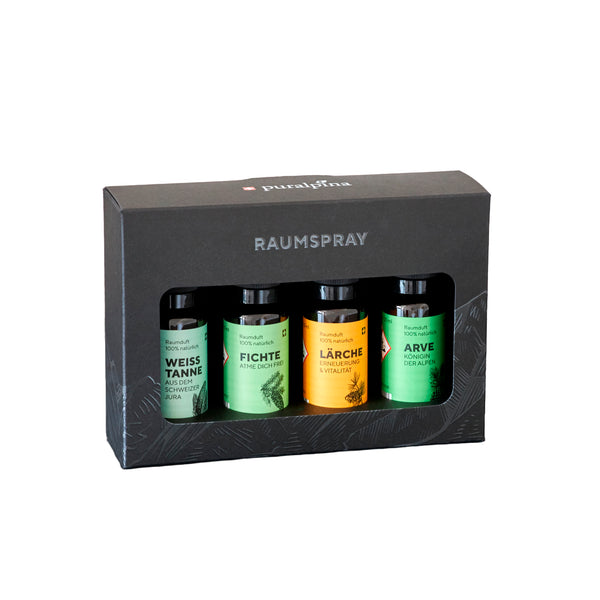 Geschenkset Bergwald klein, enthält 4 x 30ml Raumdüfte Arve, Weisstanne, Fichte und Lärche, verpackt in einer schwarzen Geschenkbox
