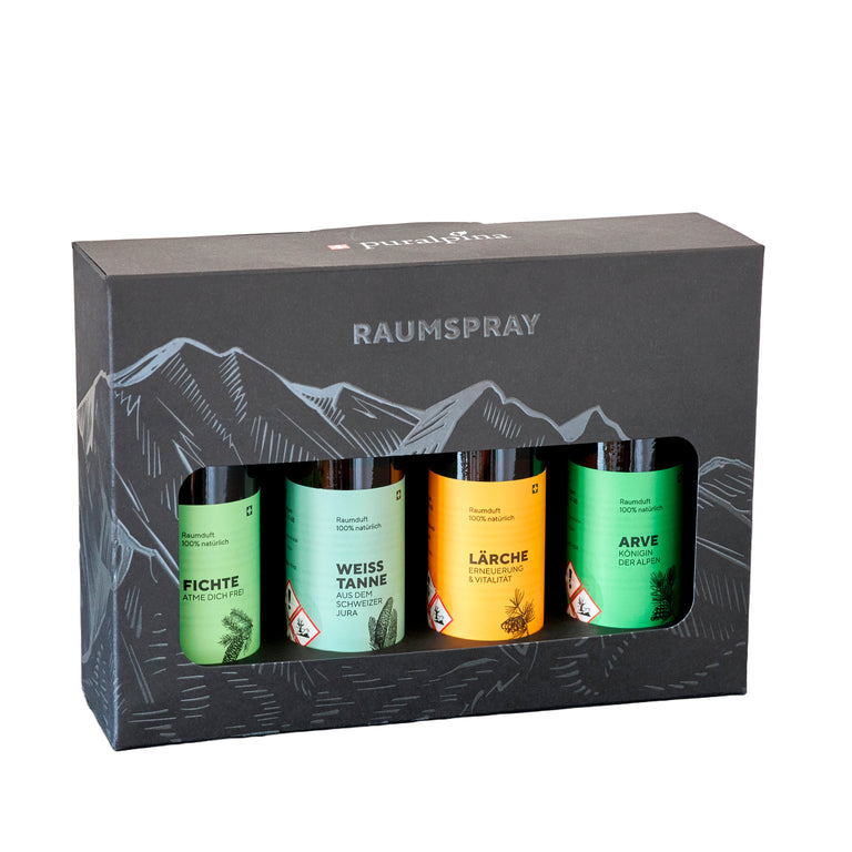 Geschenkset Bergwald gross, enthält 4 x 75ml Raumdüfte Arve, Weisstanne, Fichte und Lärche, verpackt in einer schwarzen Geschenkbox