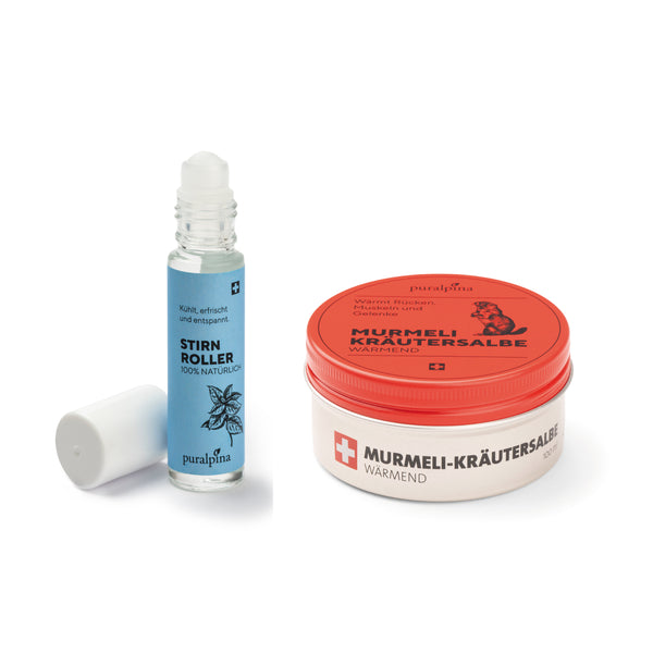 Kopfsache Set, enthält je 1 Murmeli-Kräutersalbe wärmend 100ml und Stirnroller 10ml