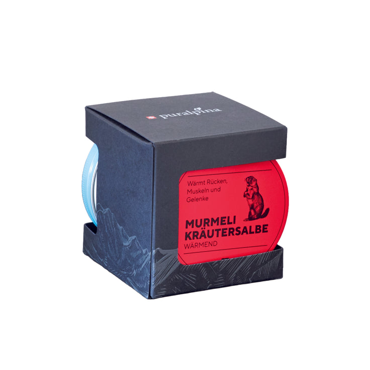 Murmeli-Box klein, enthält je 1 Murmeli-Kräutersalbe wärmend und kühlend à 100ml