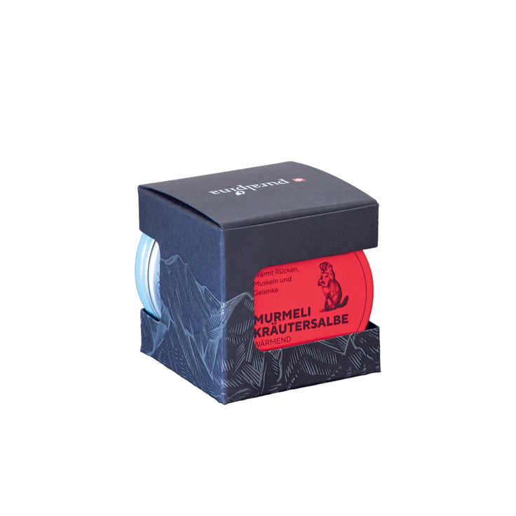 Murmeli-Box klein, enthält je 1 Murmeli-Kräutersalbe wärmend und kühlend à 50ml