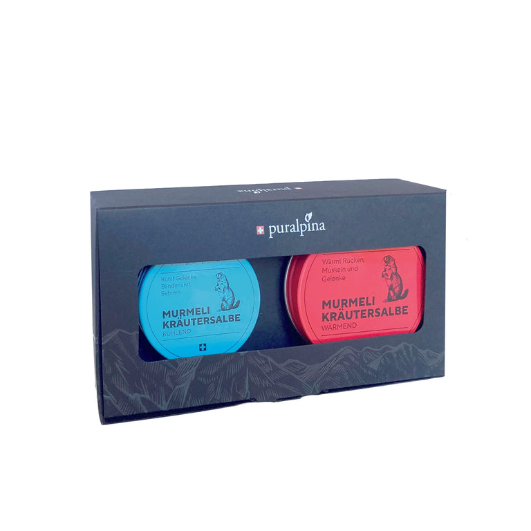 Murmeli-Box klein, enthält je 1 Murmeli-Kräutersalbe wärmend 100ml und kühlend 50ml