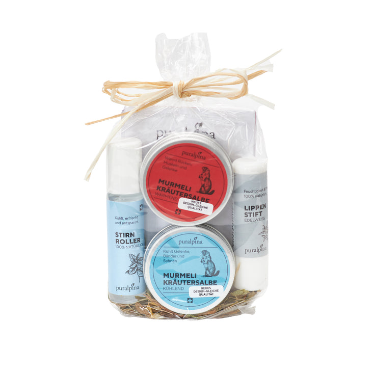 Geschenkset Wanderset, enthält je 1 Stirnroller, Lippenstift und Murmeli-Kräutersalbe wärmend und kühlen à 30ml, verpackt in einem Cello