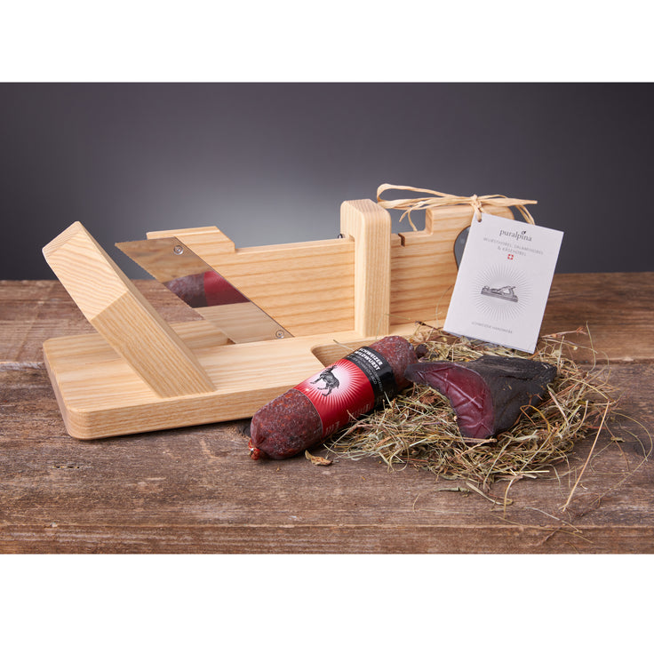 Geschenkset Salamihobel Esche mit Schweizer Wildwurst und Trockenfleisch