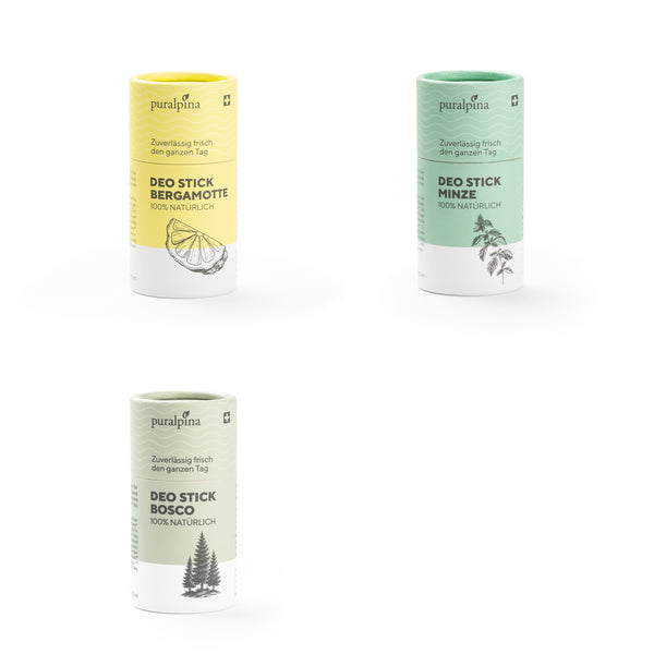 Drei verschiedene Deo Sticks: Bergamotte, Minze und Bosco