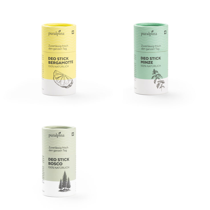 Trois déodorants en stick différents : bergamote, menthe et bosco