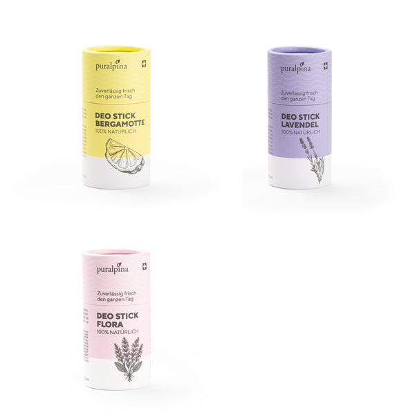 3 verschiedene Deo Sticks: Bergamotte, Lavendel und Flora
