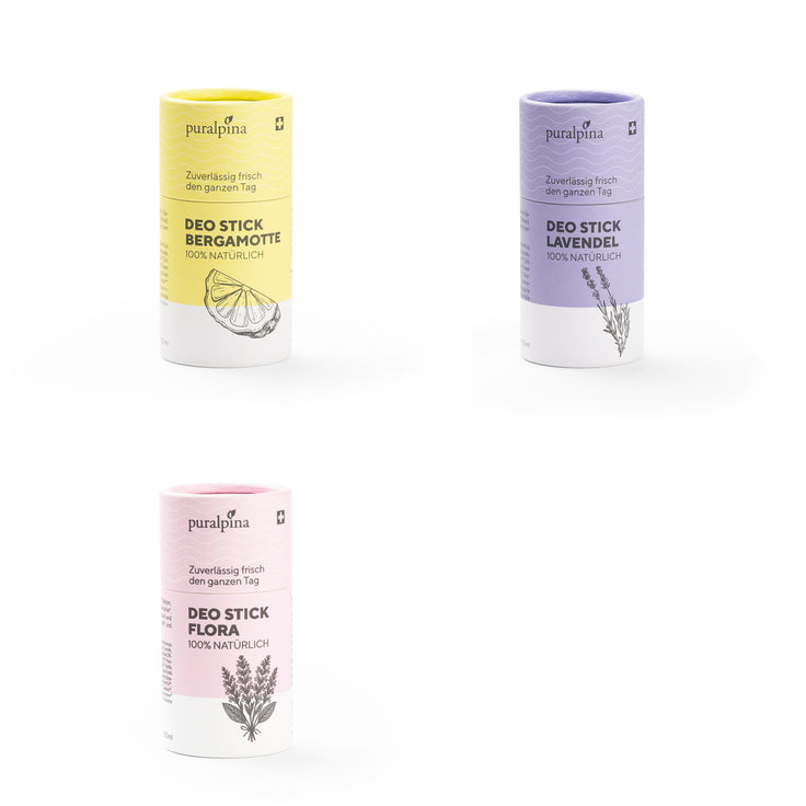 3 déodorants en stick différents : Bergamote, Lavande et Flora