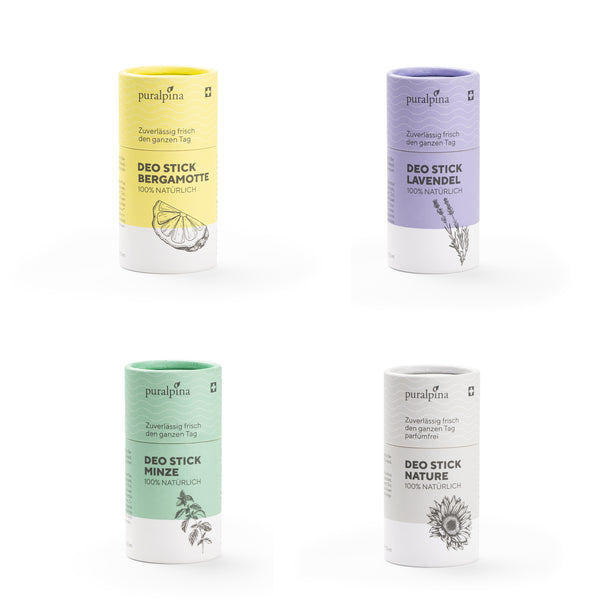 Vier verschiedene Deo Sticks: Bergamotte, Lavendel, Minze und Nature