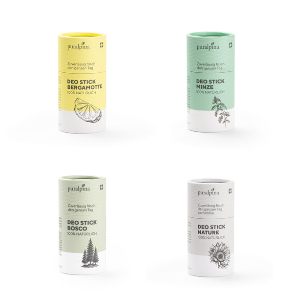 Vier verschiedene Deo Sticks: Bergamotte, Minze, Bosco und Nature