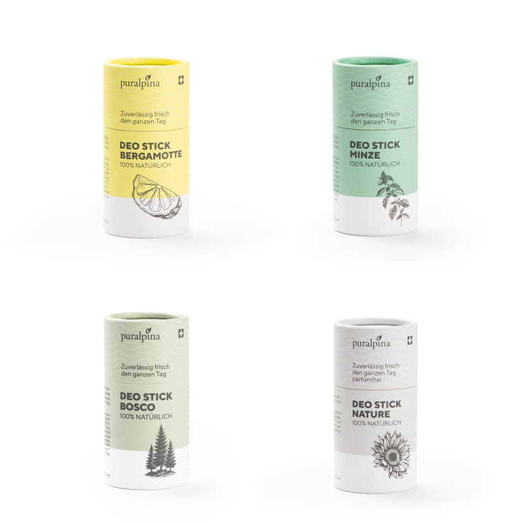 Quatre déodorants en stick différents : Bergamote, Menthe, Bosco et Nature