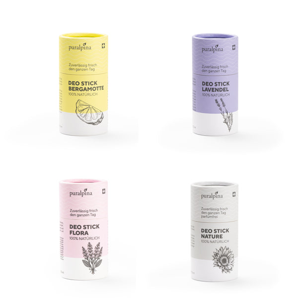 Vier verschiedene Deo Sticks: Bergamotte, Lavendel, Flora und Nature