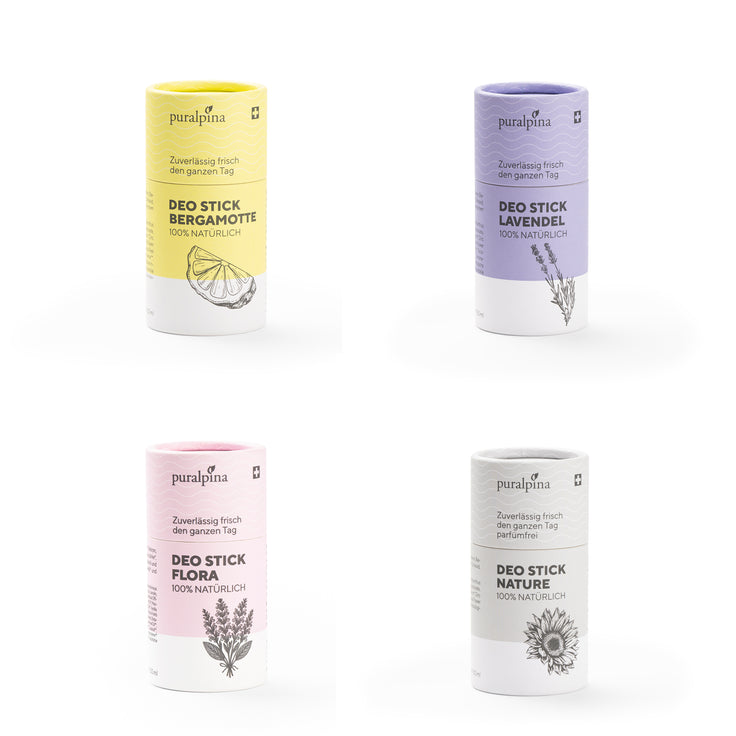 Quatre déodorants en stick différents : Bergamote, Lavande, Flora et Nature