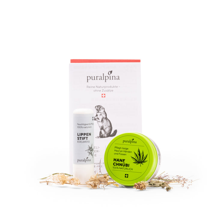 Coffret Puralpina Cosmétiques Naturels Alpins avec Chnübi au Chanvre et Rouge à Lèvres (voir fiche produit)