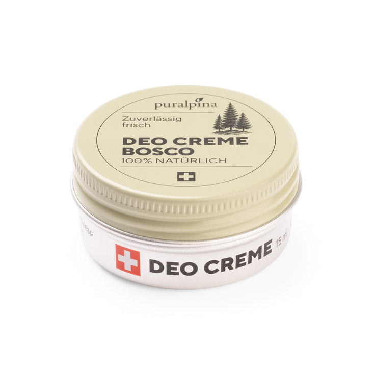 Puralpina Deo Crème Bosco 50 ml, flacon fermé, illustré d'un sapin.