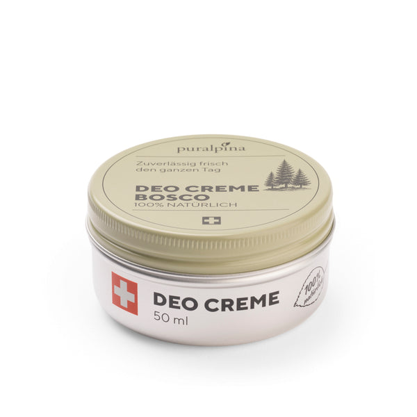 Puralpina Deo Creme Bosco 50 ml mit Tannen Illustration, Dose geschlossen 
