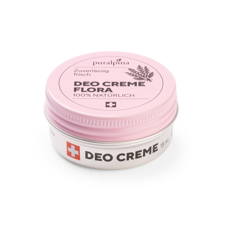 Puralpina Deo Crème Flora 50 ml dans une boîte rose fermée ornée d'une illustration florale