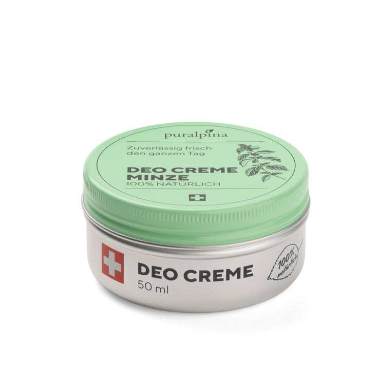 Puralpina Deo Cream Mint 50 ml in a silver tin with a green lid