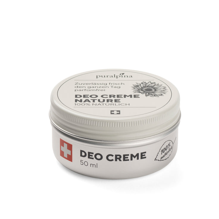 Puralpina Deo Crème Nature 50 ml en boîte argentée avec couvercle blanc