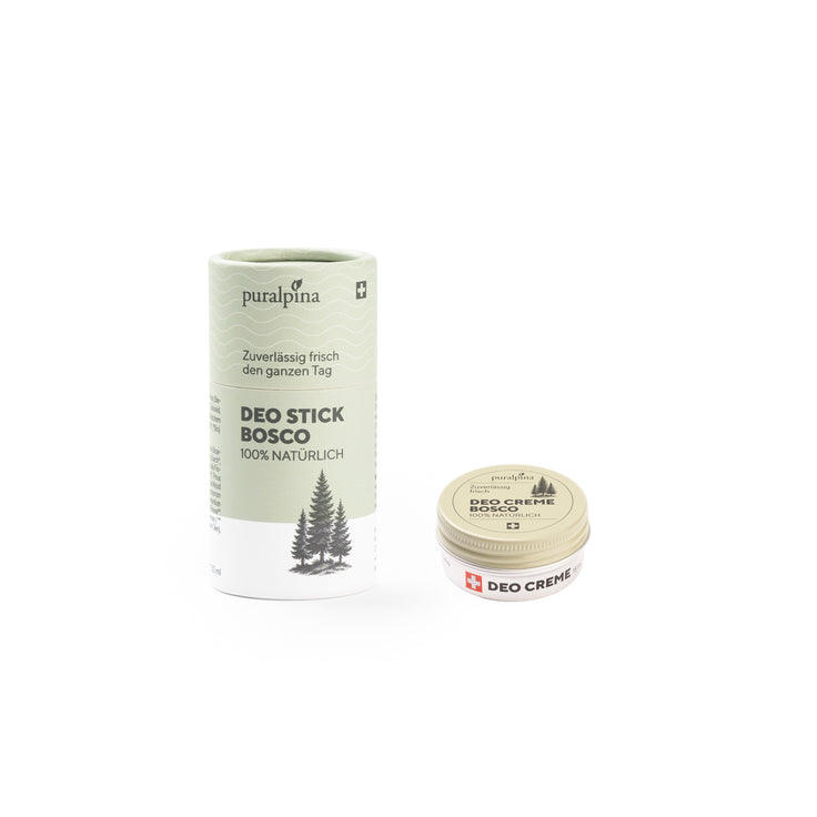 Coffret de voyage comprenant : un déodorant stick Bosco et une crème déodorante Bosco de 15 ml.
