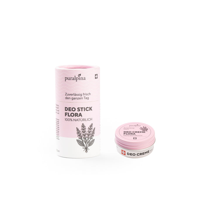 Coffret de voyage comprenant : un déodorant stick Flora et une crème déodorante Flora de 15 ml.