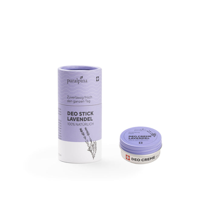 Coffret de voyage comprenant : un déodorant stick à la lavande et une crème déodorante à la lavande de 15 ml.