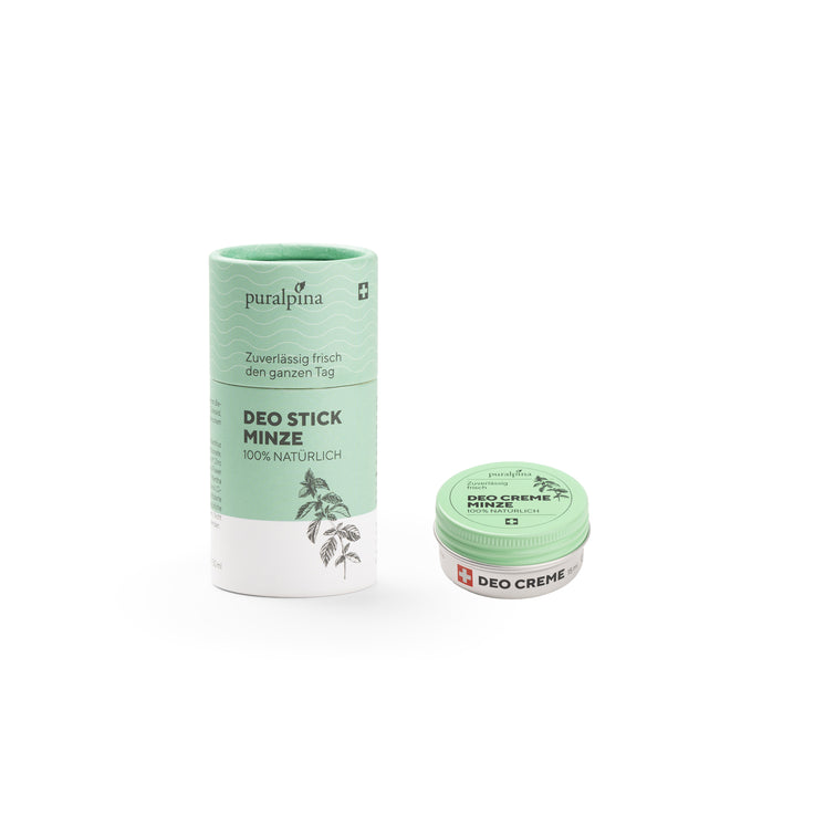 Coffret de voyage comprenant : un déodorant stick à la menthe et une crème déodorante à la menthe de 15 ml.