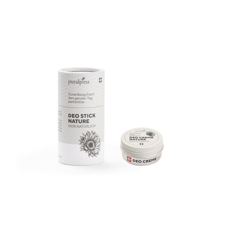 Coffret de voyage comprenant : un déodorant stick Nature et une crème déodorante Nature de 15 ml.