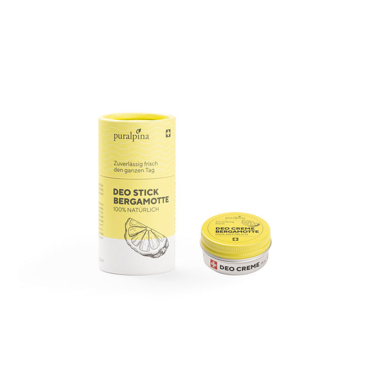 Coffret de voyage comprenant : un déodorant stick à la bergamote et une crème déodorante à la bergamote de 15 ml.