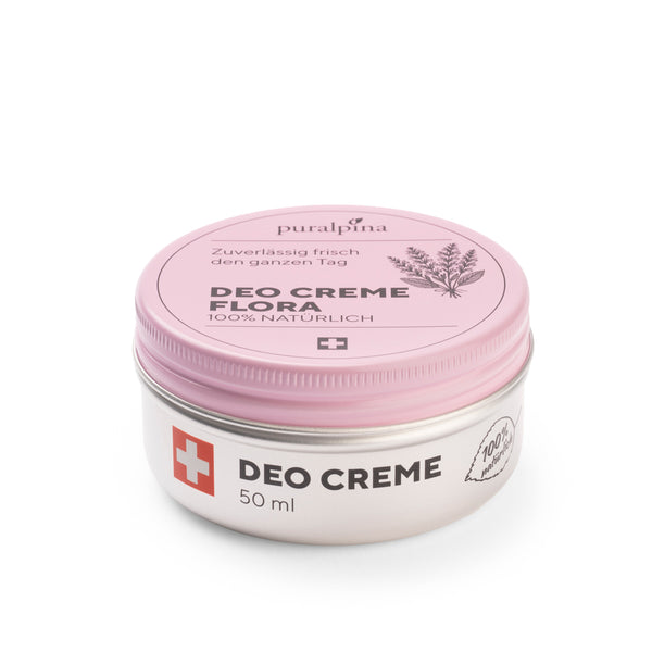 Puralpina Deo Creme Flora 50 ml in rosa Dose geschlossen mit Blüten Illustration
