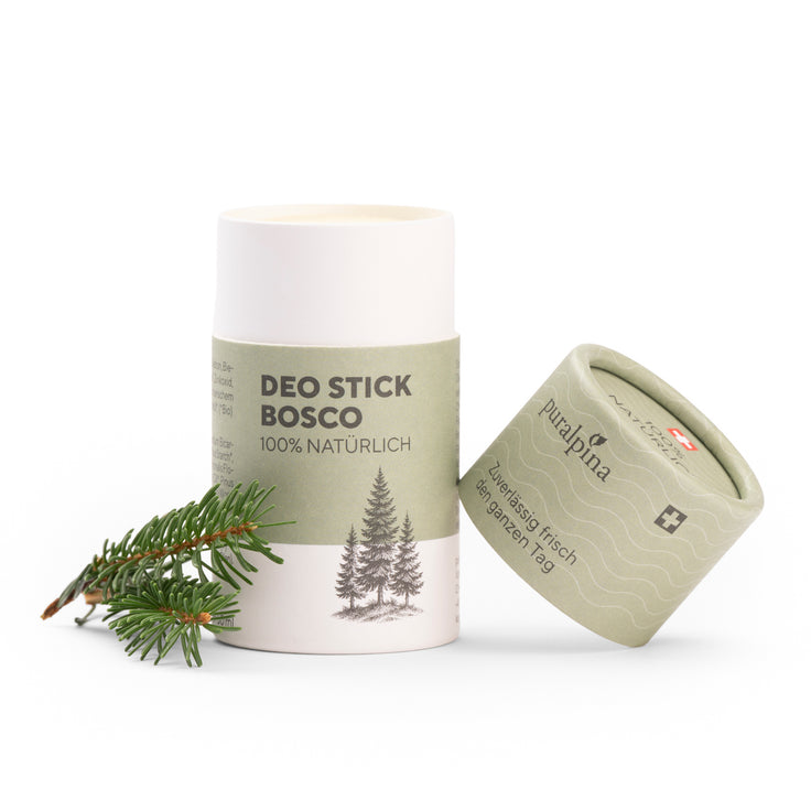 Deo Stick Bosco geöffnet, mit Tannenzweig zur Dekoration