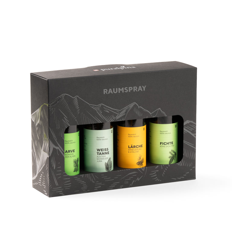 Puralpina large mountain forest gift set with four room sprays: silver fir, Swiss pine, spruce and larch in black packaging