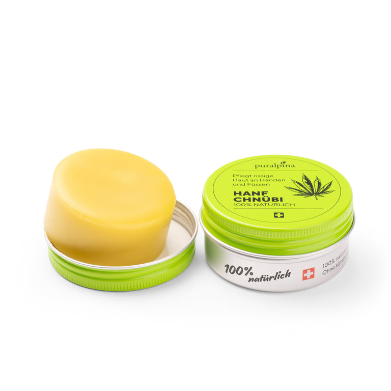 Opened and closed can of Puralpina Hemp Chnübi with product