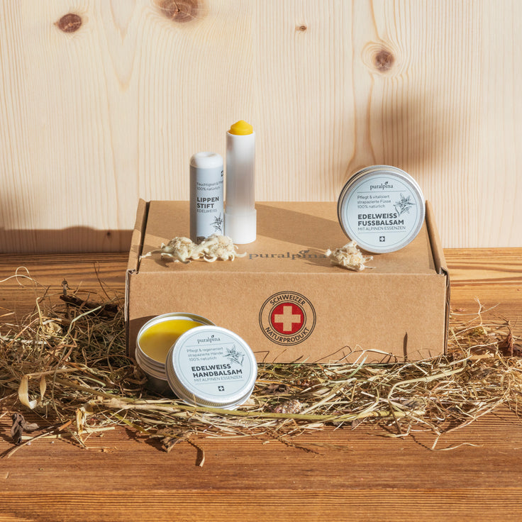 Geschenkset Edelweiss mit Lippenstift, Handbalsam und Fussbalsam