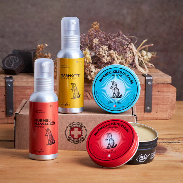 Grosses Murmeli-Set, mit Marmotte Massageöl 100ml, Mrumeli-Massageöl 100ml, Murmeli-Kräutersalbe wärmend 100ml und Murmeli-Kräutersalbe kühlend 100ml