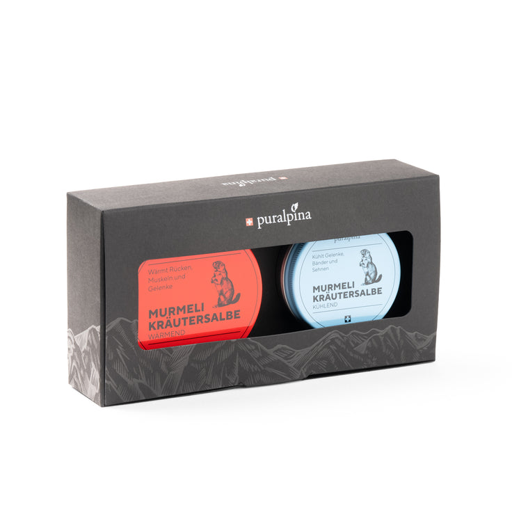 Coffret cadeau Puralpina contenant une pommade chauffante aux herbes de marmotte et une pommade rafraîchissante aux herbes de marmotte
