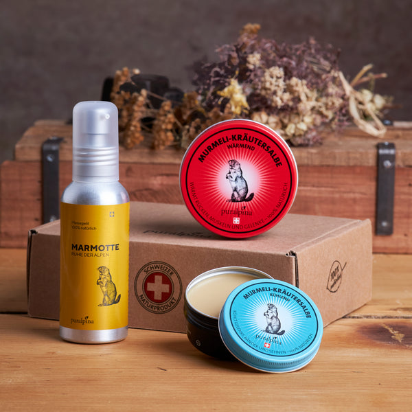 Murmeli-Set mittel, mit Marmotte Massageöl, Murmeli-Kräutersalbe wärmend 100ml und Murmeli-Kräutersalbe kühlend 50ml
