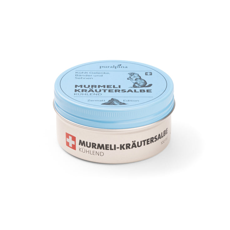 Murmeli-Kräutersalbe kühlend 100ml Sonderedition Zermatt – geschlossene Dose mit natürlichem Schweizer Murmeltieröl