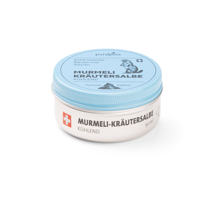 Murmeli-Kräutersalbe kühlend 50ml Sonderedition Zermatt – geschlossene Dose mit natürlichem Schweizer Murmeltieröl