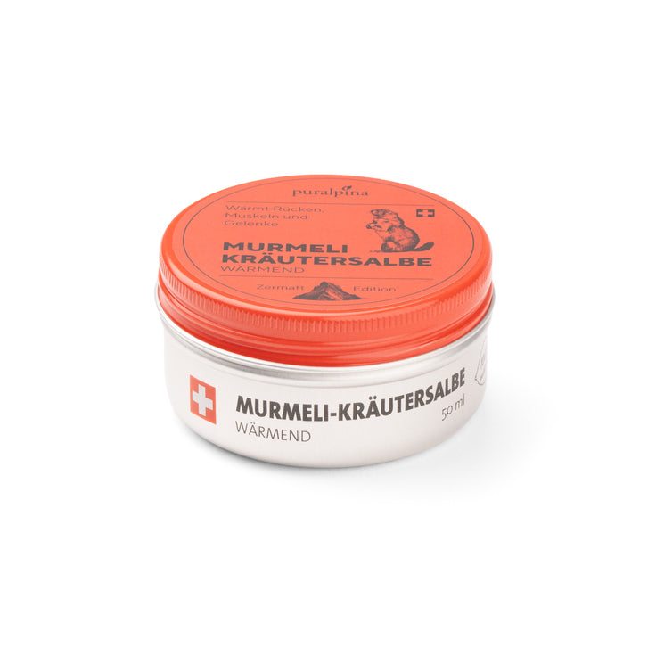 Murmeli-Kräutersalbe wärmend 50ml Sonderedition Zermatt – geschlossene Dose mit natürlichem Schweizer Murmeltieröl