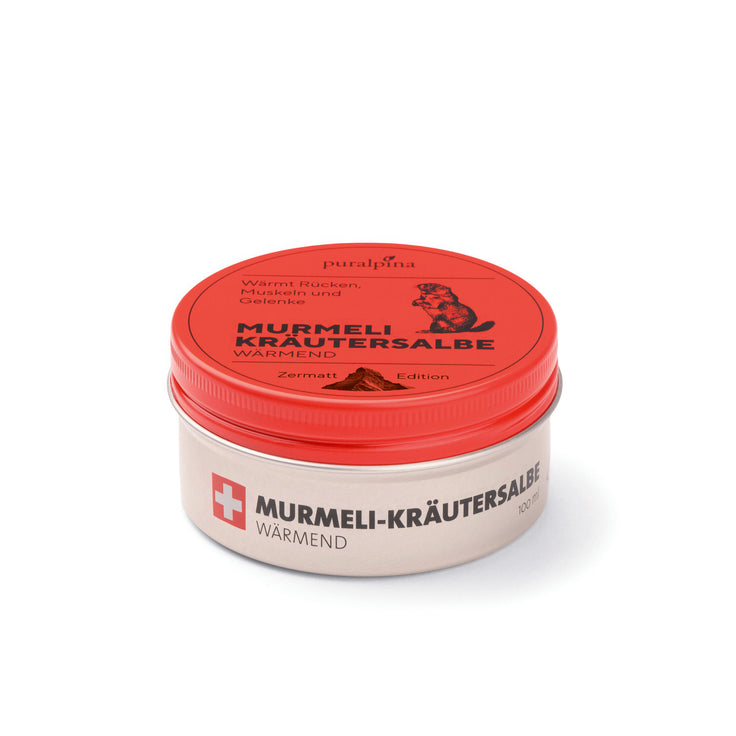 Murmeli-Kräutersalbe wärmend 100ml Sonderedition Zermatt – geschlossene Dose mit natürlichem Schweizer Murmeltieröl