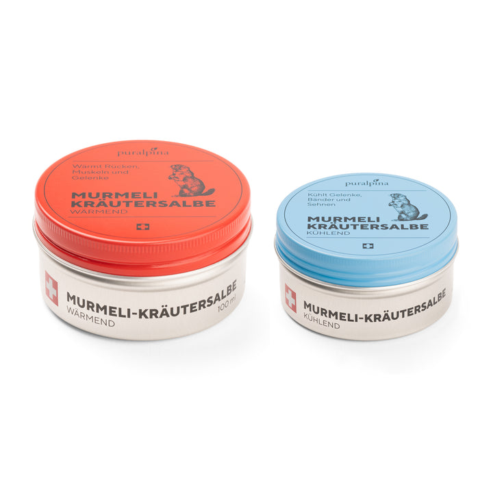 Pommade aux herbes Puralpina Murmeli, chauffante 100 ml (bouchon rouge) et rafraîchissante 50 ml (bouchon bleu)
