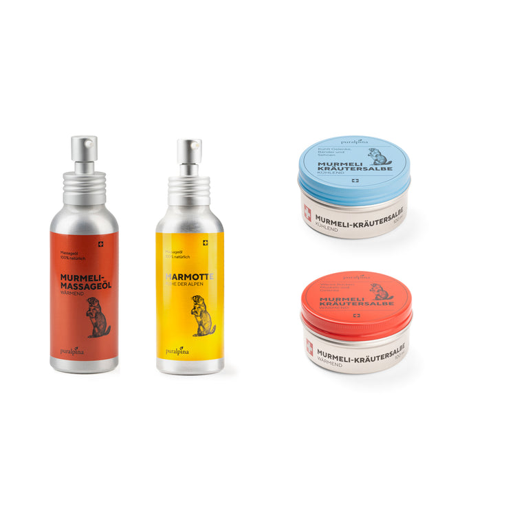 Quatre produits Puralpina Murmeli, dont deux huiles de massage et deux onguents à base de plantes, sur fond blanc.