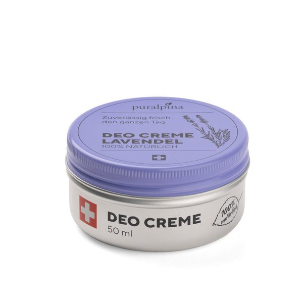 Puralpina Deo Creme Lavendel 50 ml in silberner Dose mit violettem Deckel und Lavendel Illustration