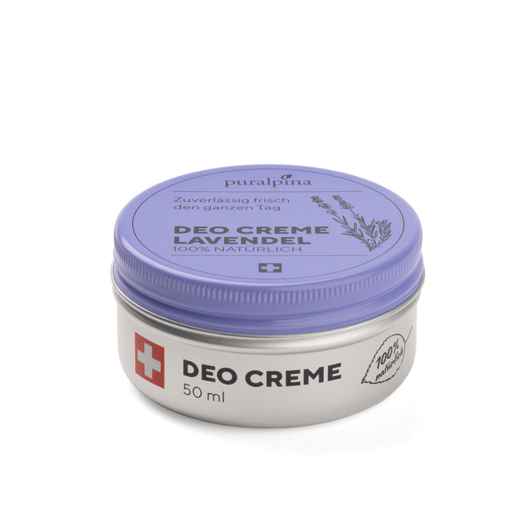 Puralpina Deo Crème Lavande 50 ml dans une boîte argentée avec un couvercle violet et une illustration de lavande