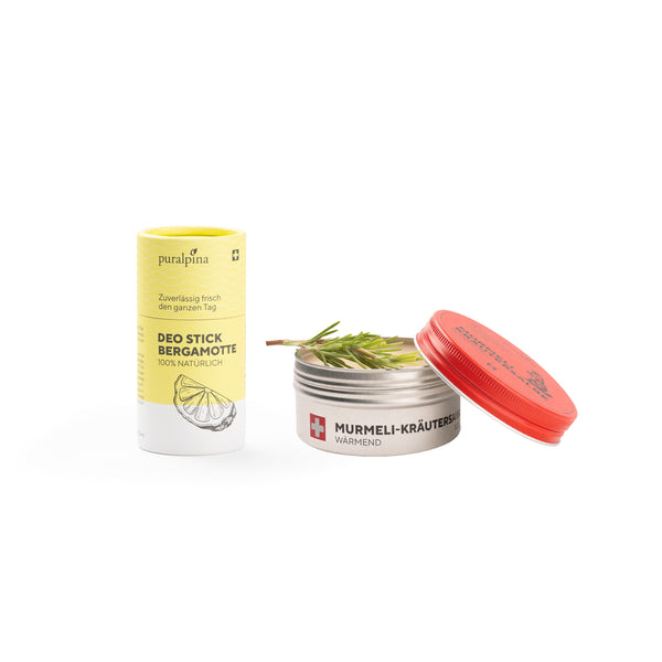 puralpina Sport-Set, zusammengestellt aus Deo Stick Bergamotte und Murmeli-Kräutersalbe wärmend