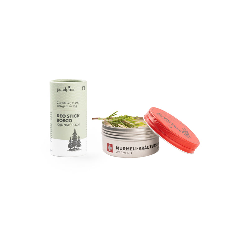 puralpina Sport-Set, zusammengestellt aus Deo Stick Bosco und Murmeli-Kräutersalbe wärmend