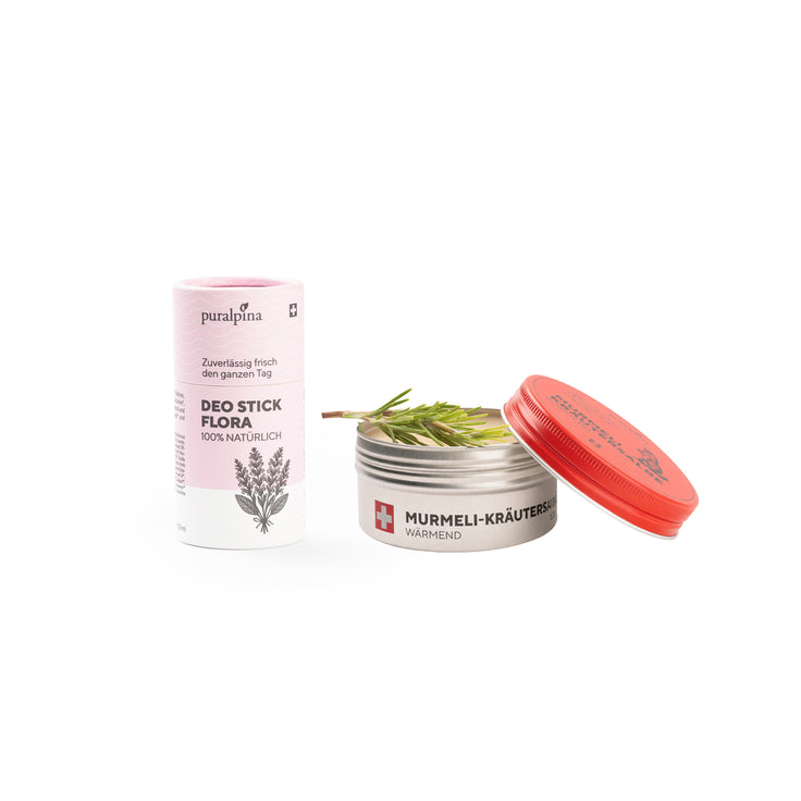 puralpina Sport-Set, zusammengestellt aus Deo Stick Flora und Murmeli-Kräutersalbe wärmend